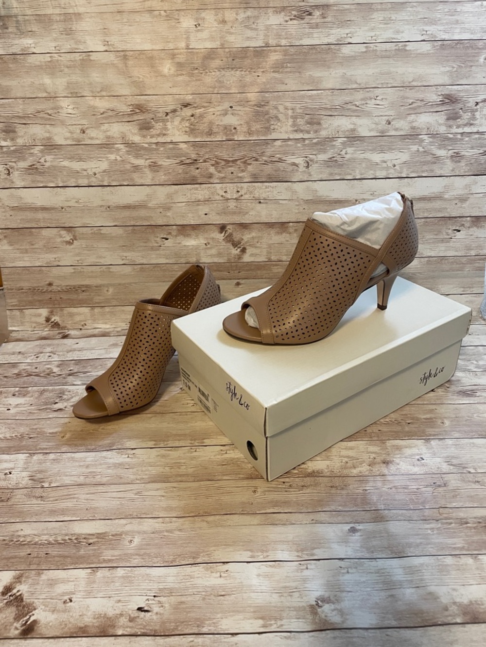Style & Co. Perforated Tan Peep-Toe Mid Heel Booties